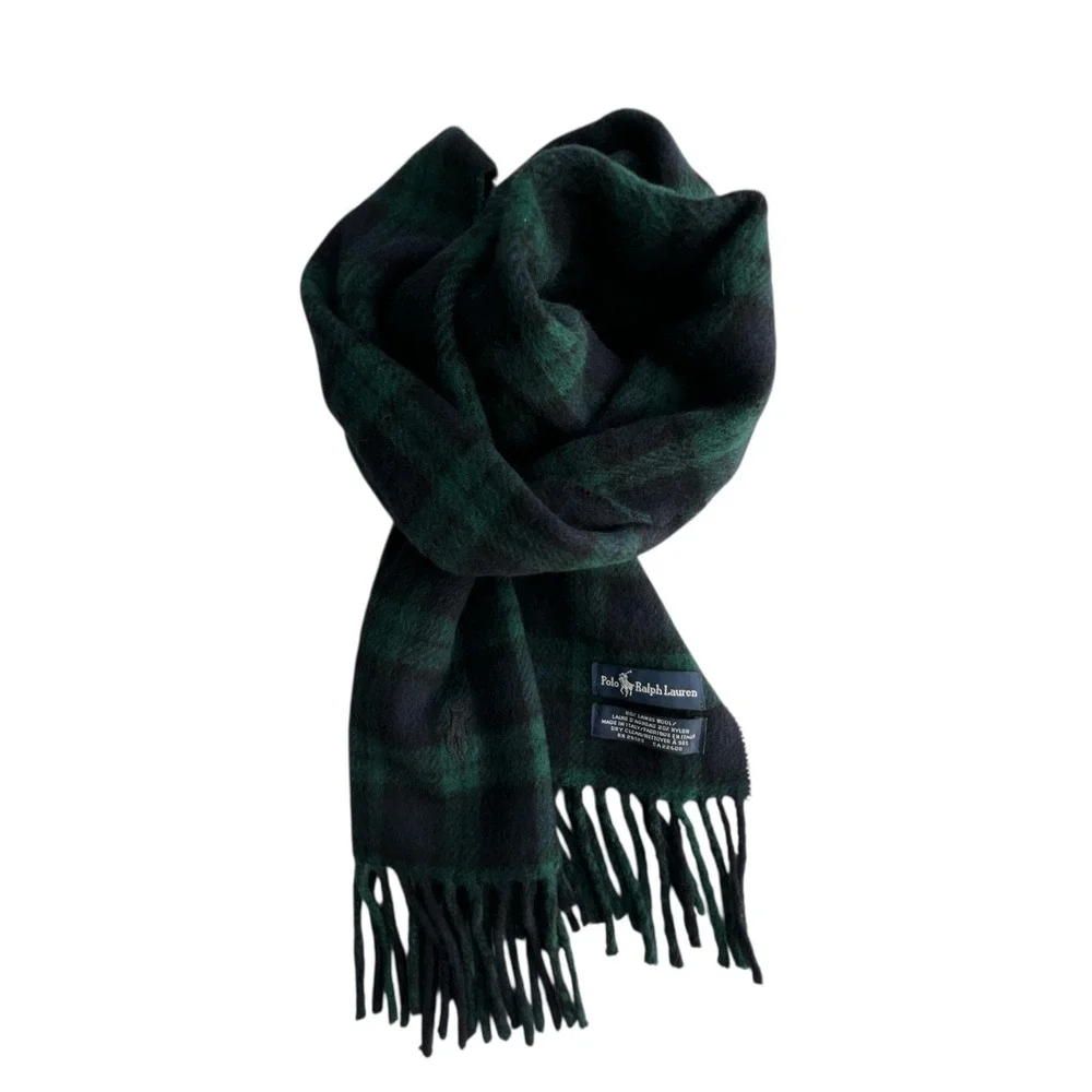 Polo Ralph Lauren Scarf Plaid Lambswool Blend Blue Green Black Tartan Classic